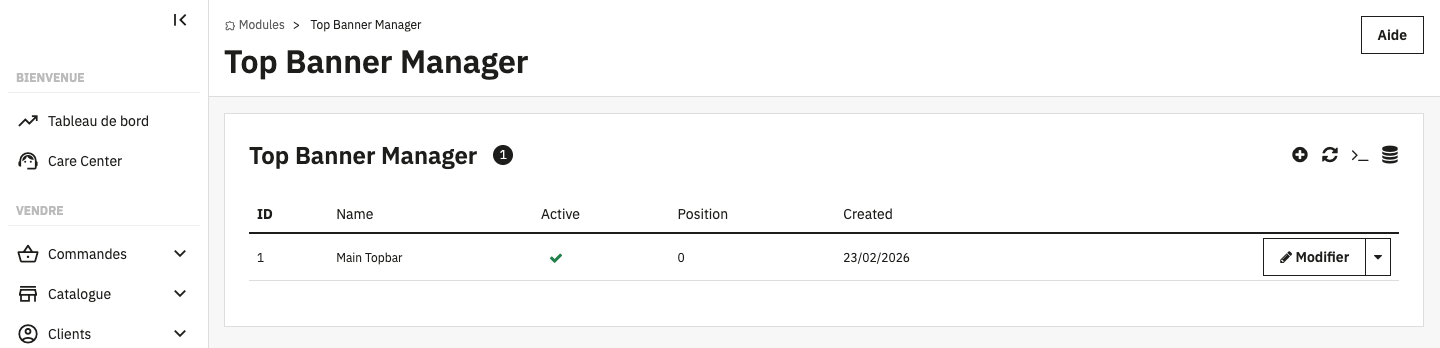 Banner list with status, position and creation date