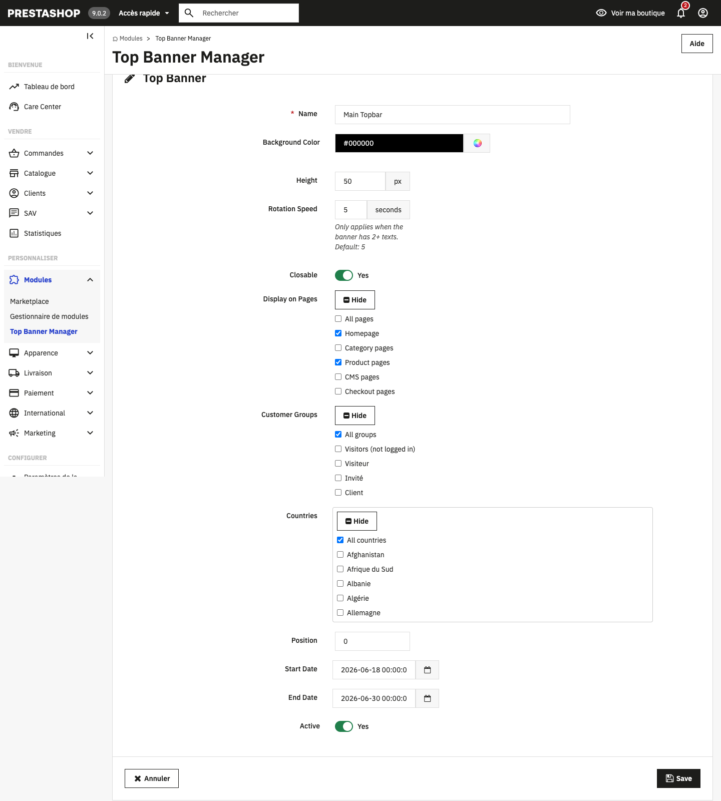 Banner configuration form with appearance and display rules